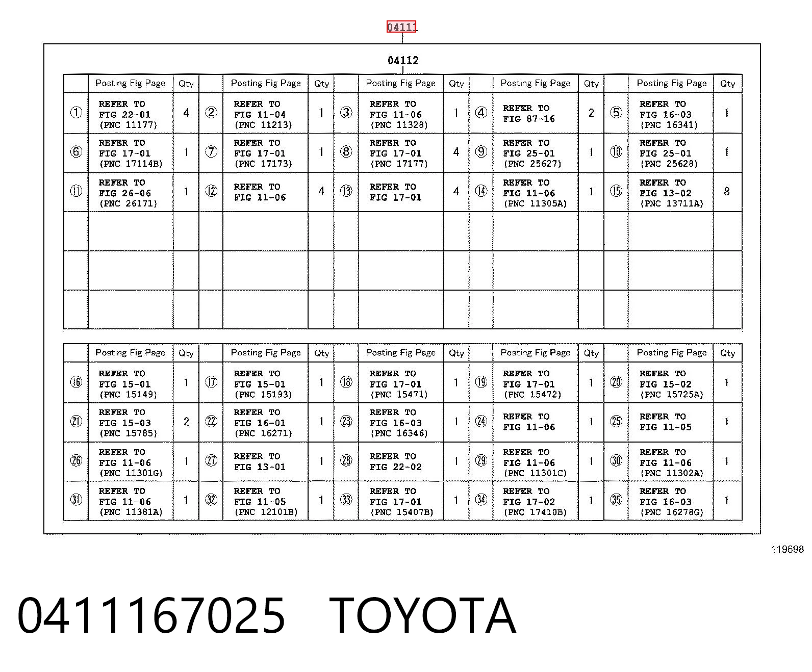 0411167025 Toyota Zestaw uszczelek silnika pełny