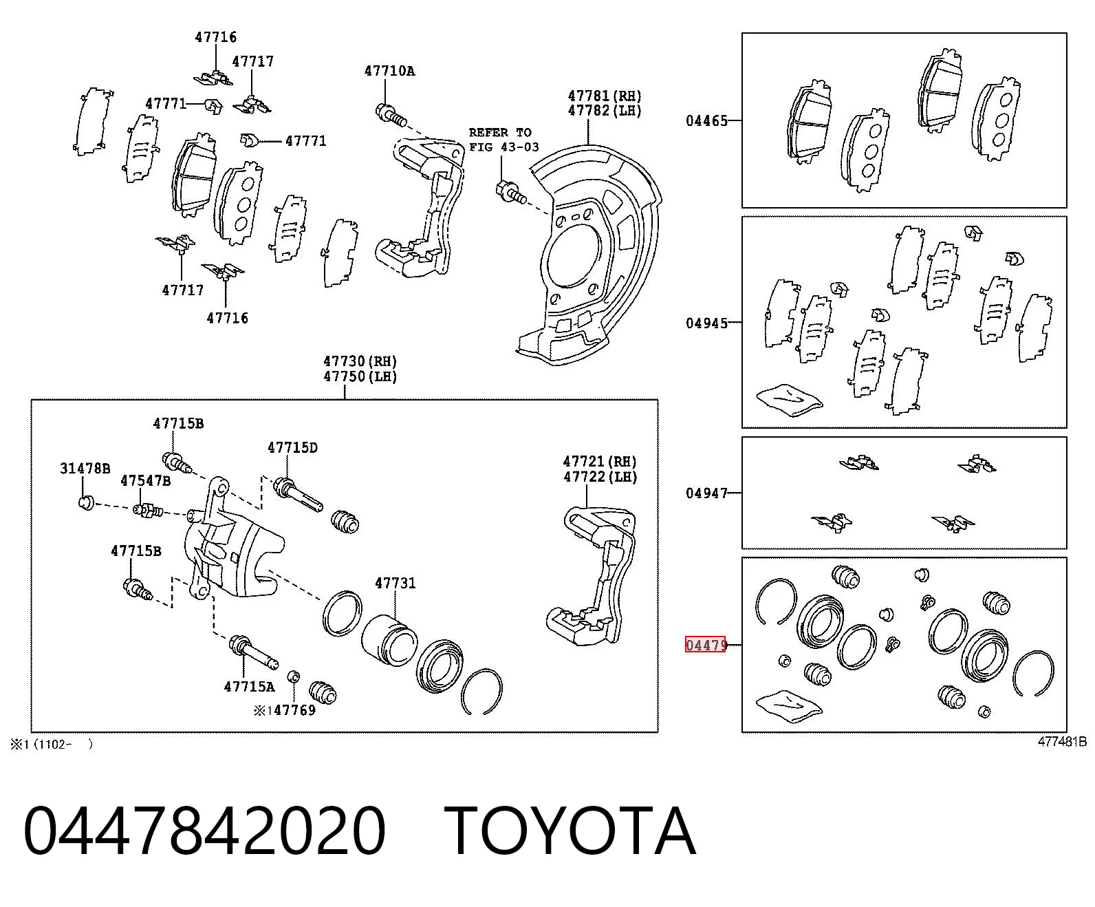 0447842020 Toyota Zestaw naprawczy zacisku hamulcowego przedniego
