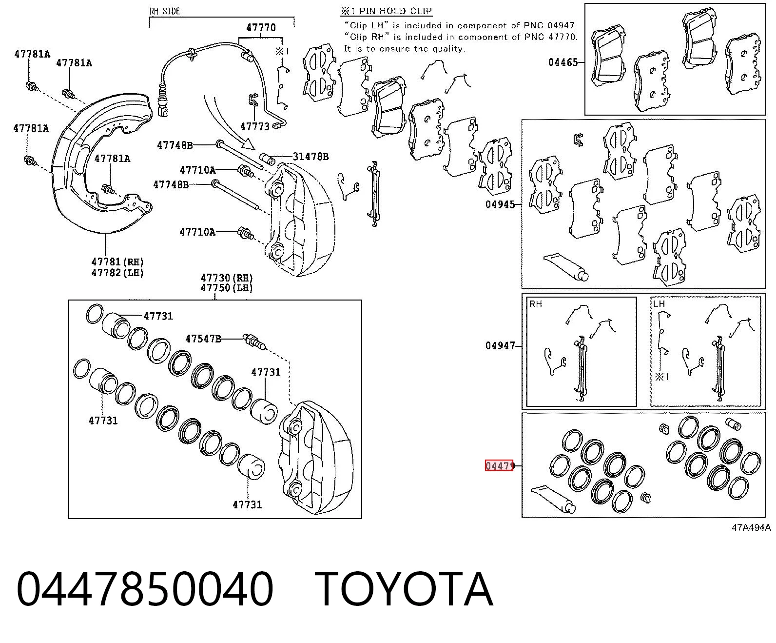 0447850040 Toyota Zestaw naprawczy zacisku hamulcowego przedniego