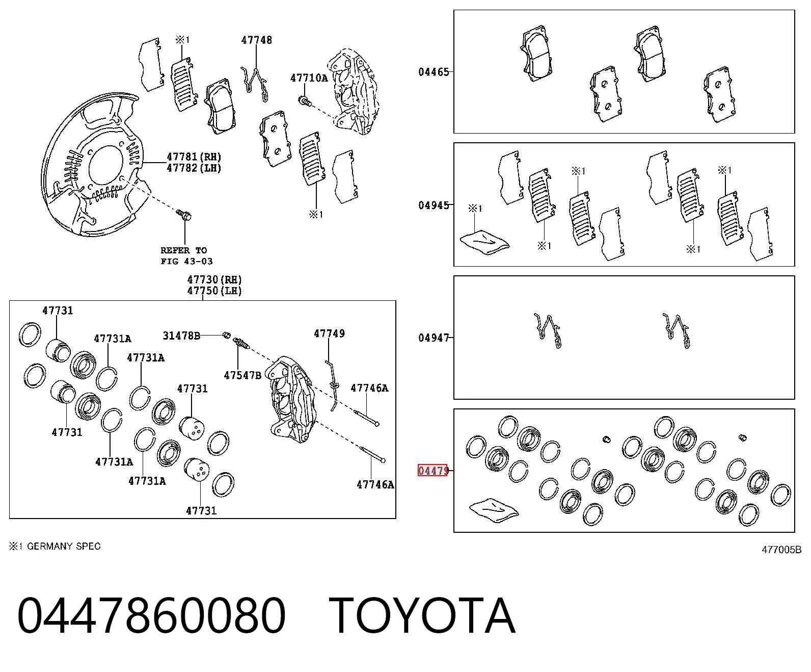 0447860080 Toyota Zestaw naprawczy zacisku hamulcowego przedniego