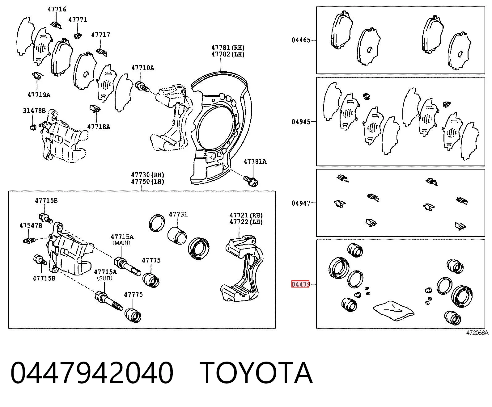 0447942040 Toyota Zestaw naprawczy zacisku hamulcowego przedniego