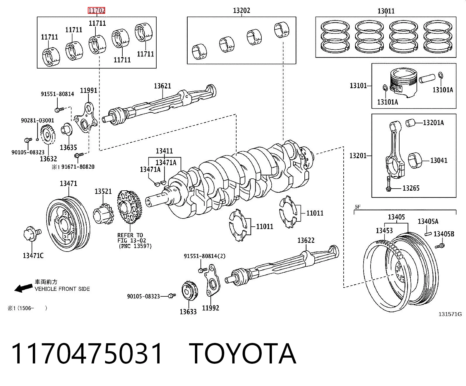 1170475031 Toyota Panewki główne wału korbowego, zestaw, 1. naprawa (+0,25)