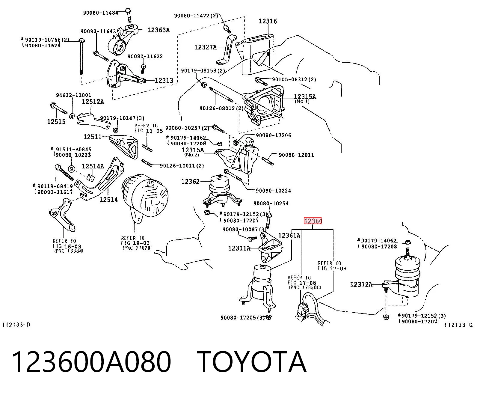 123600A080 Toyota Poduszka (podpora) silnika przednia