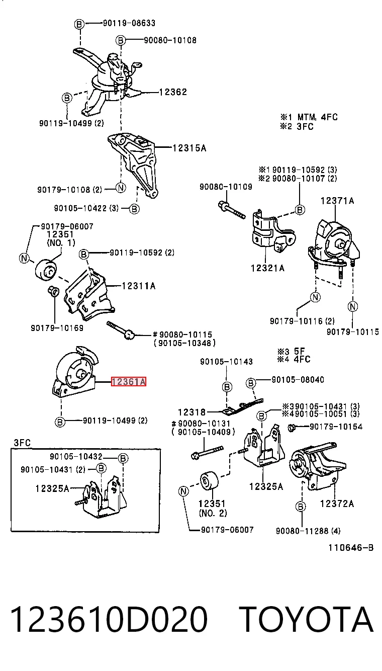 123610D020 Toyota Poduszka (podpora) silnika przednia