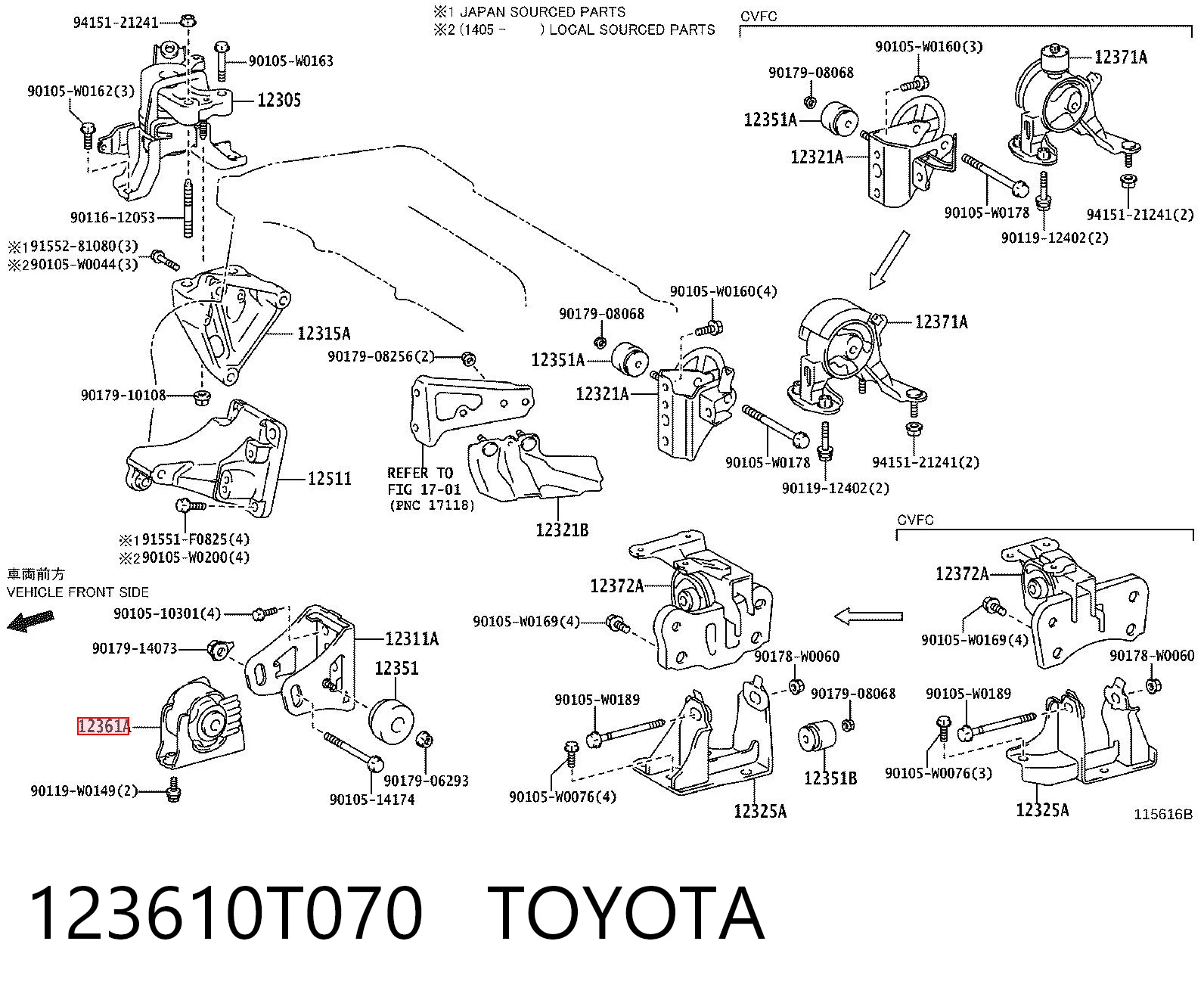 123610T070 Toyota Poduszka (podpora) silnika przednia