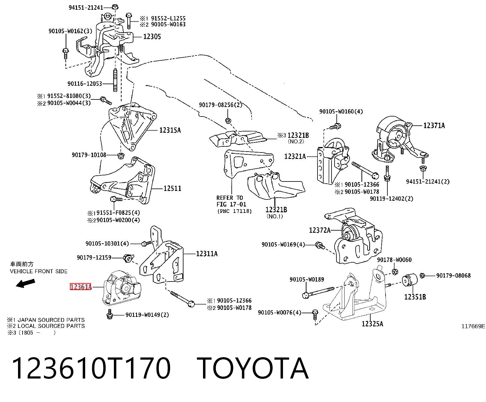 123610T170 Toyota Poduszka (podpora) silnika przednia