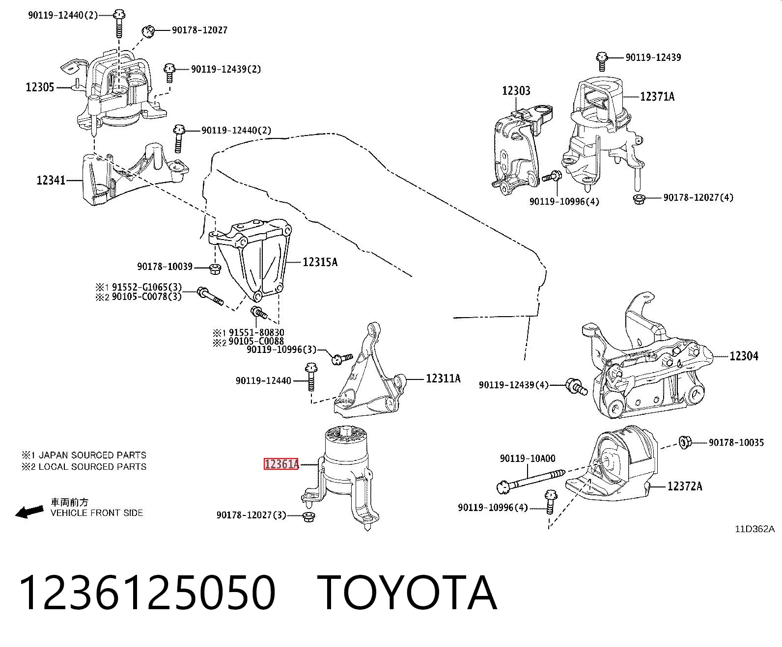 1236125050 Toyota Poduszka (podpora) silnika przednia