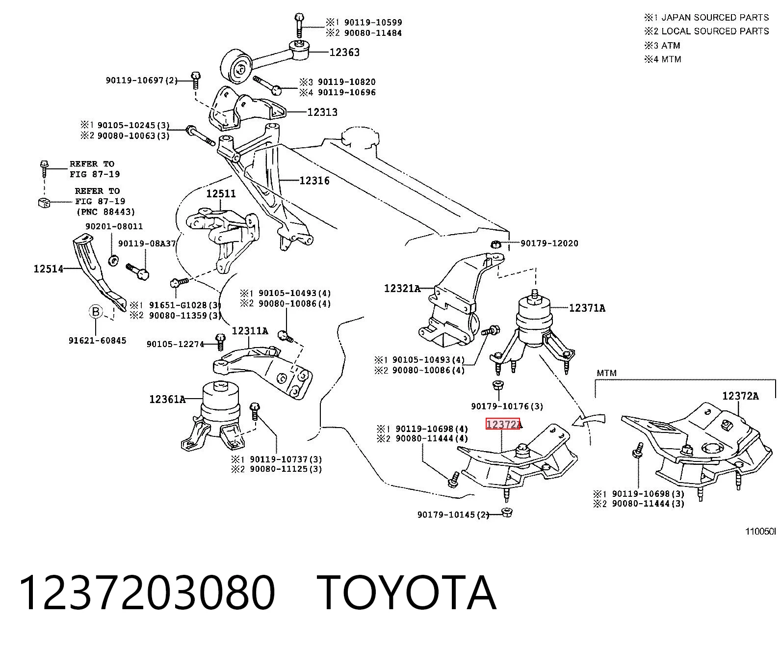1237203080 Toyota Poduszka (podpora) silnika lewa
