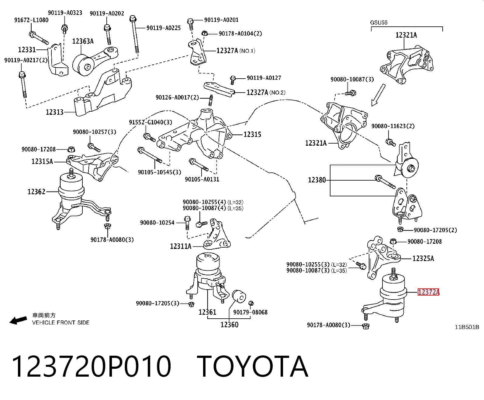 123720P010 Toyota Poduszka (podpora) silnika lewa