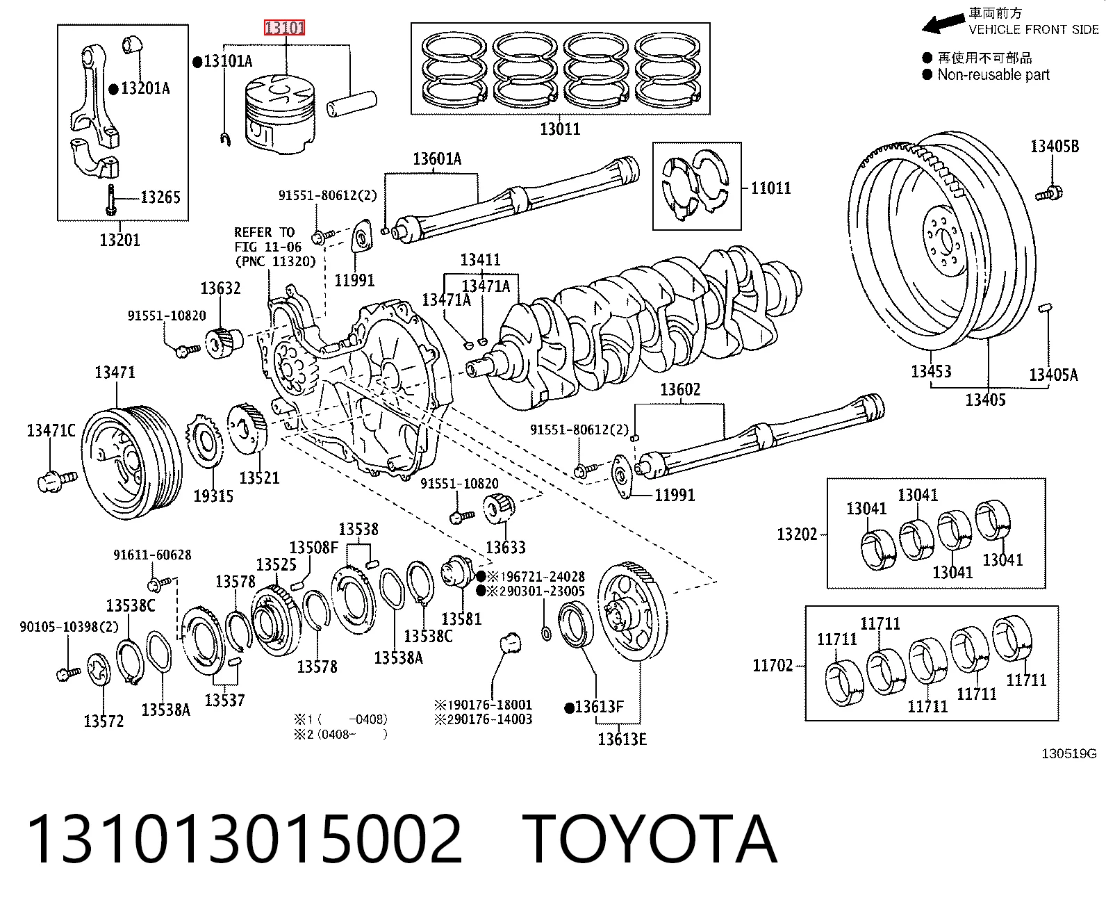 131013015002 Toyota Tłok ze sworzniem bez pierścieni, STD