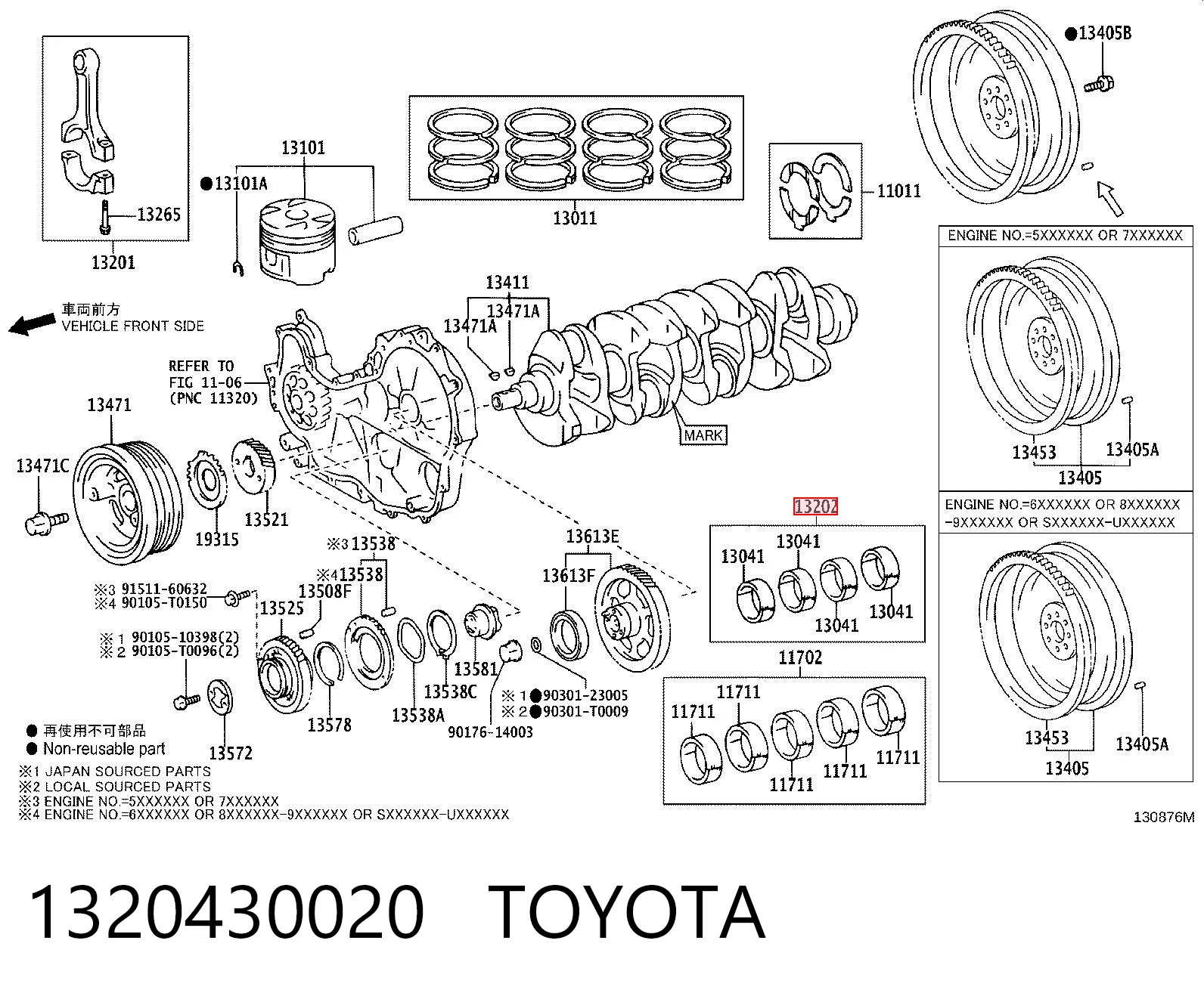 1320430020 Toyota Panewki korbowodowe wału korbowego, zestaw, 1. naprawa (+0,25)