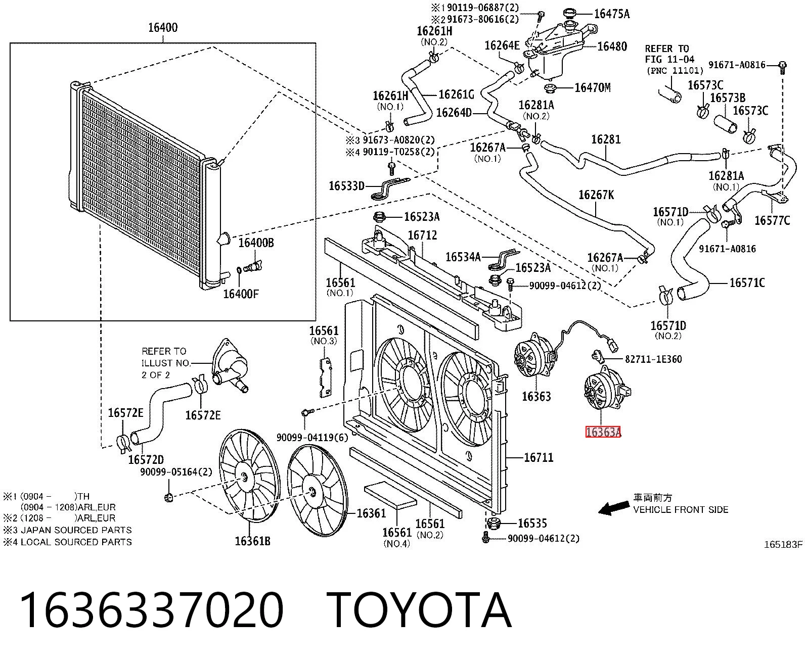 1636337020 Toyota Silniczek wentylatora układu chłodzenia lewy