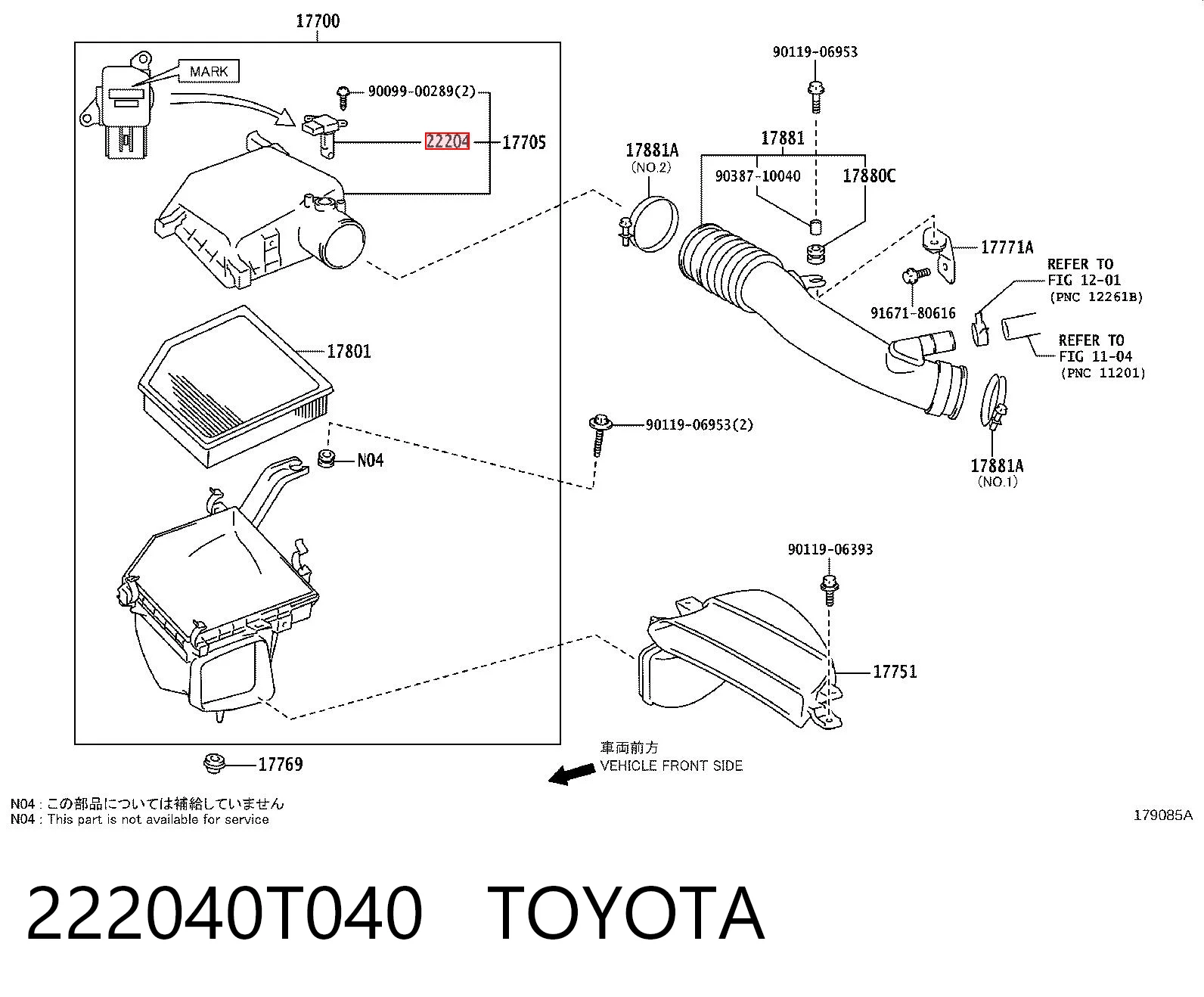 222040T040 Toyota Czujnik przepływu powietrza, przepływomierz powietrza M.A.F.