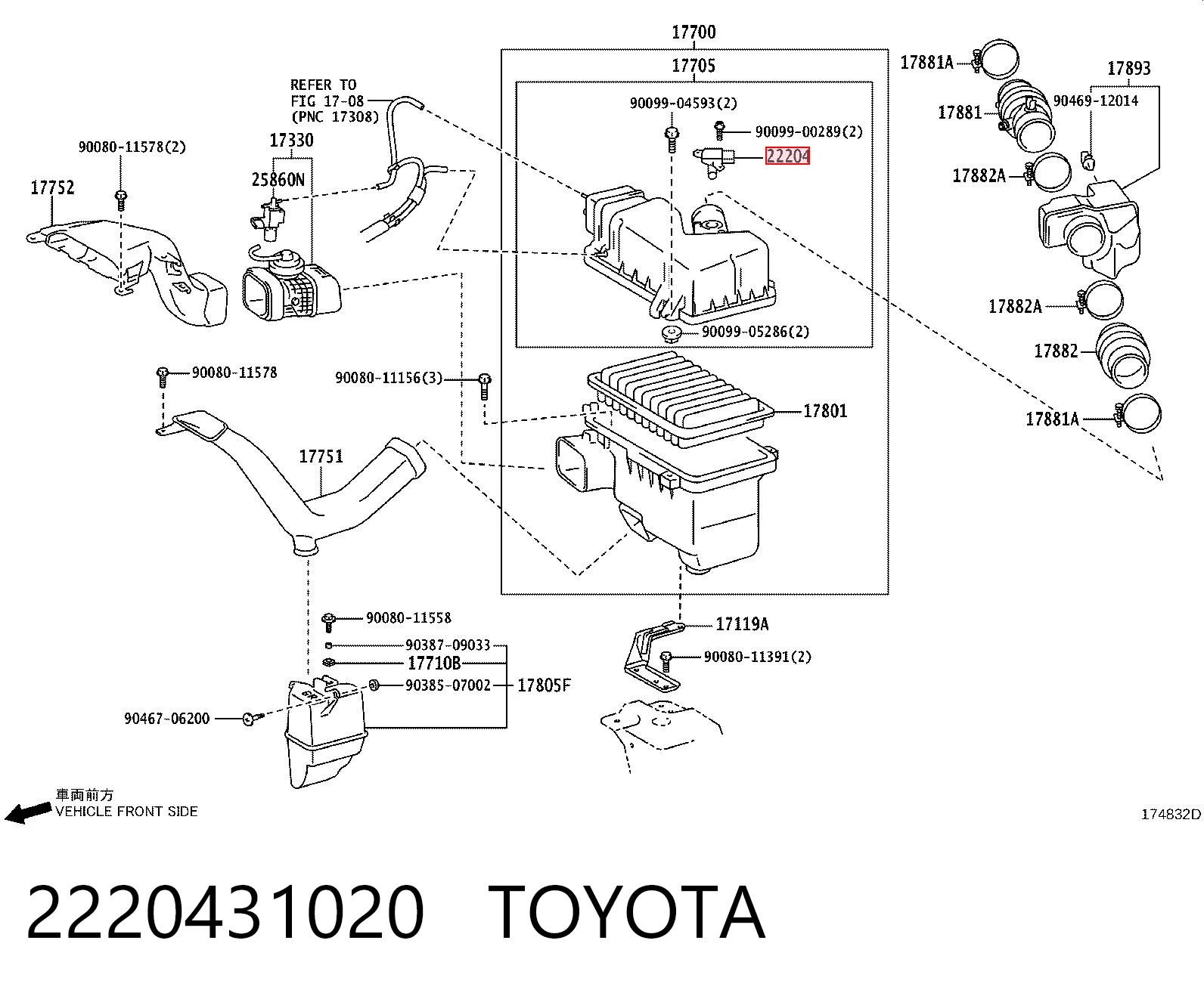 2220431020 Toyota Czujnik przepływu powietrza, przepływomierz powietrza M.A.F.