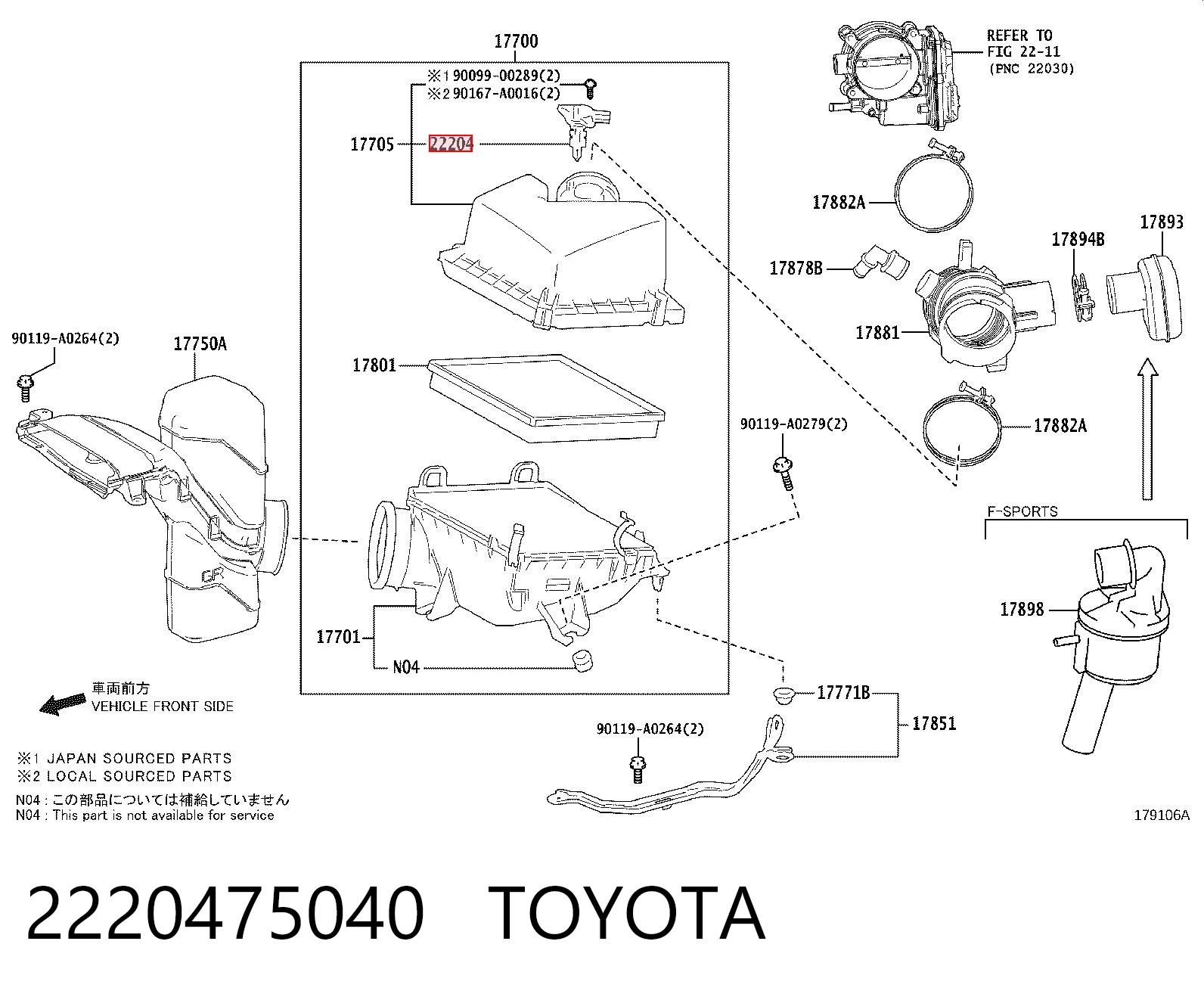 2220475040 Toyota Czujnik przepływu powietrza, przepływomierz powietrza M.A.F.