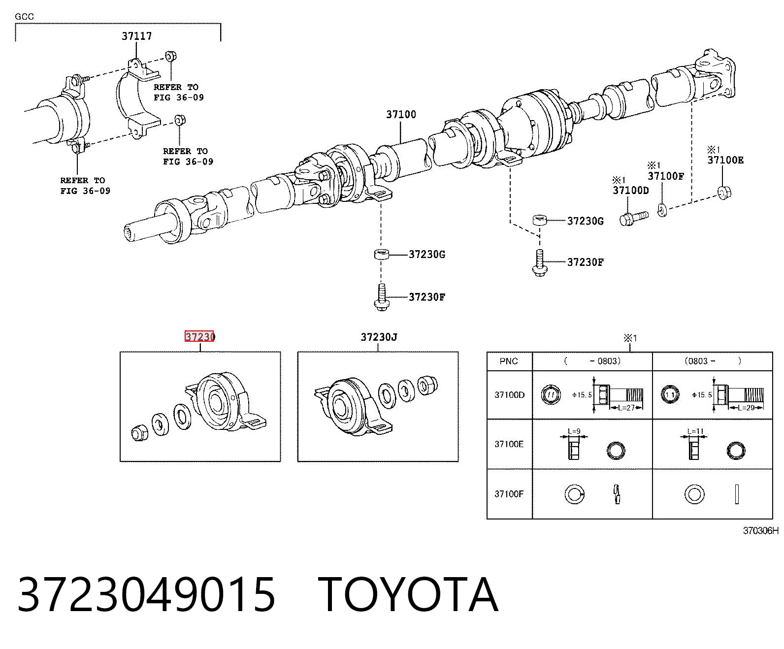 3723049015 Toyota Łożysko podwieszane wału Cardana