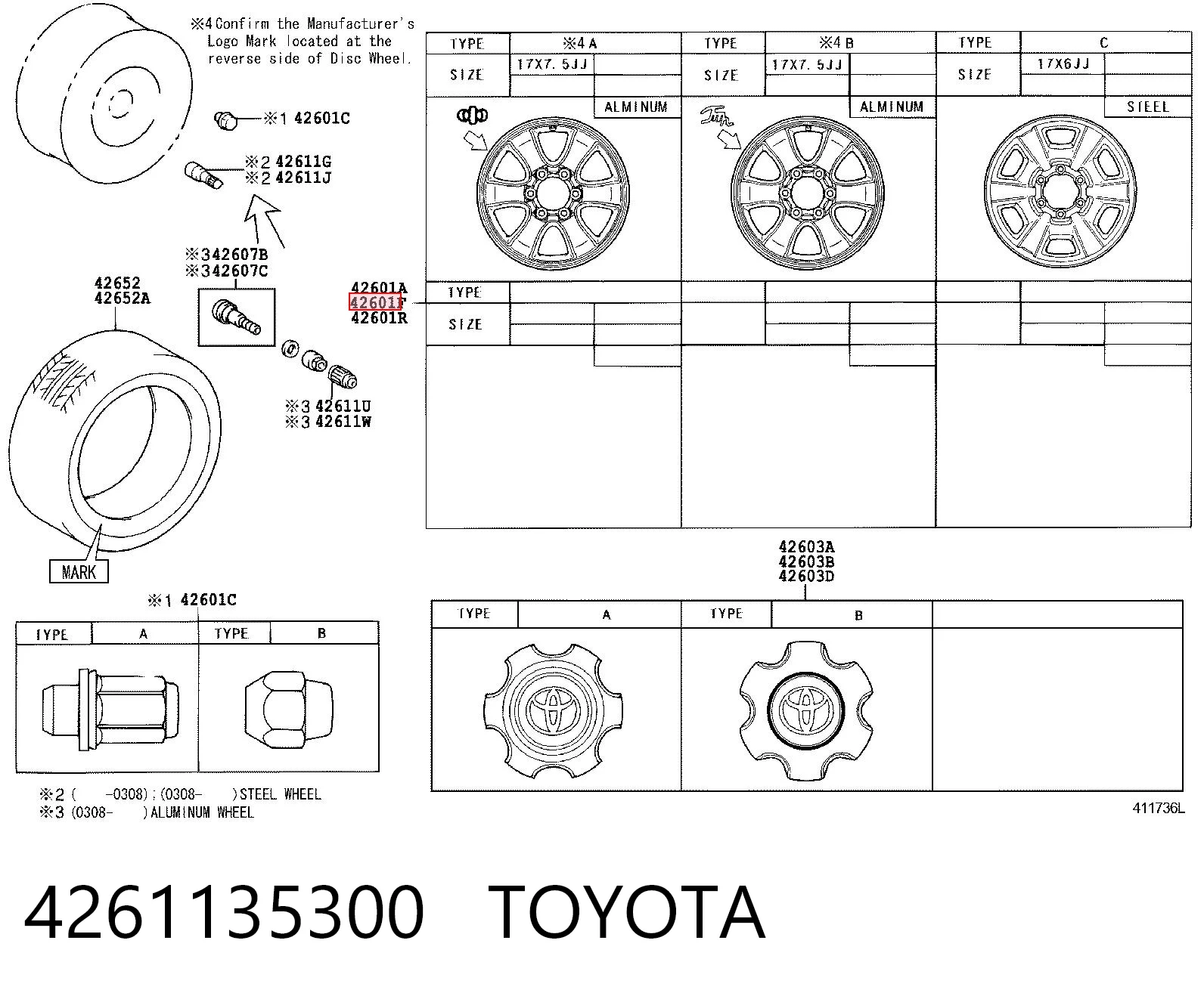 4261135300 Toyota Felgi kół odlewane (lekkostopowe, tytanowe)