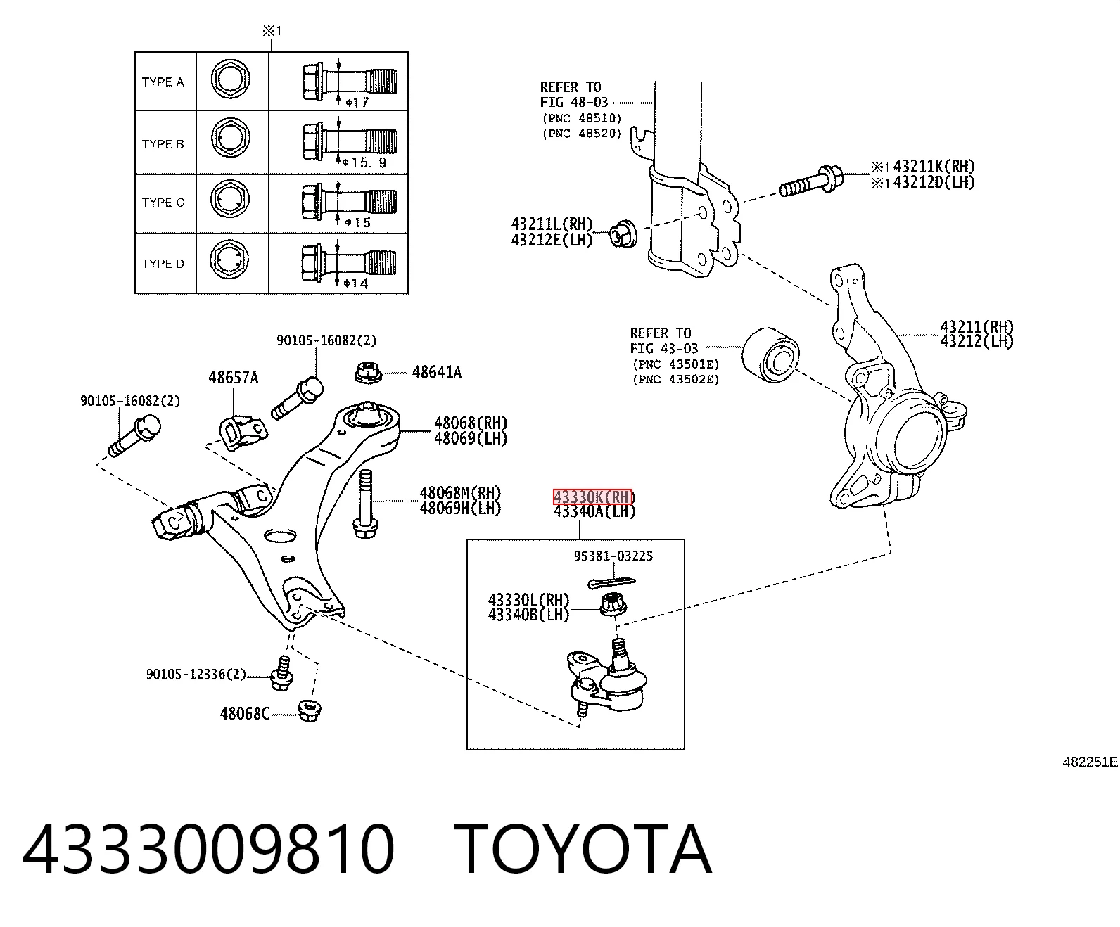 4333009810 Toyota Sworzeń wahacza dolny prawy