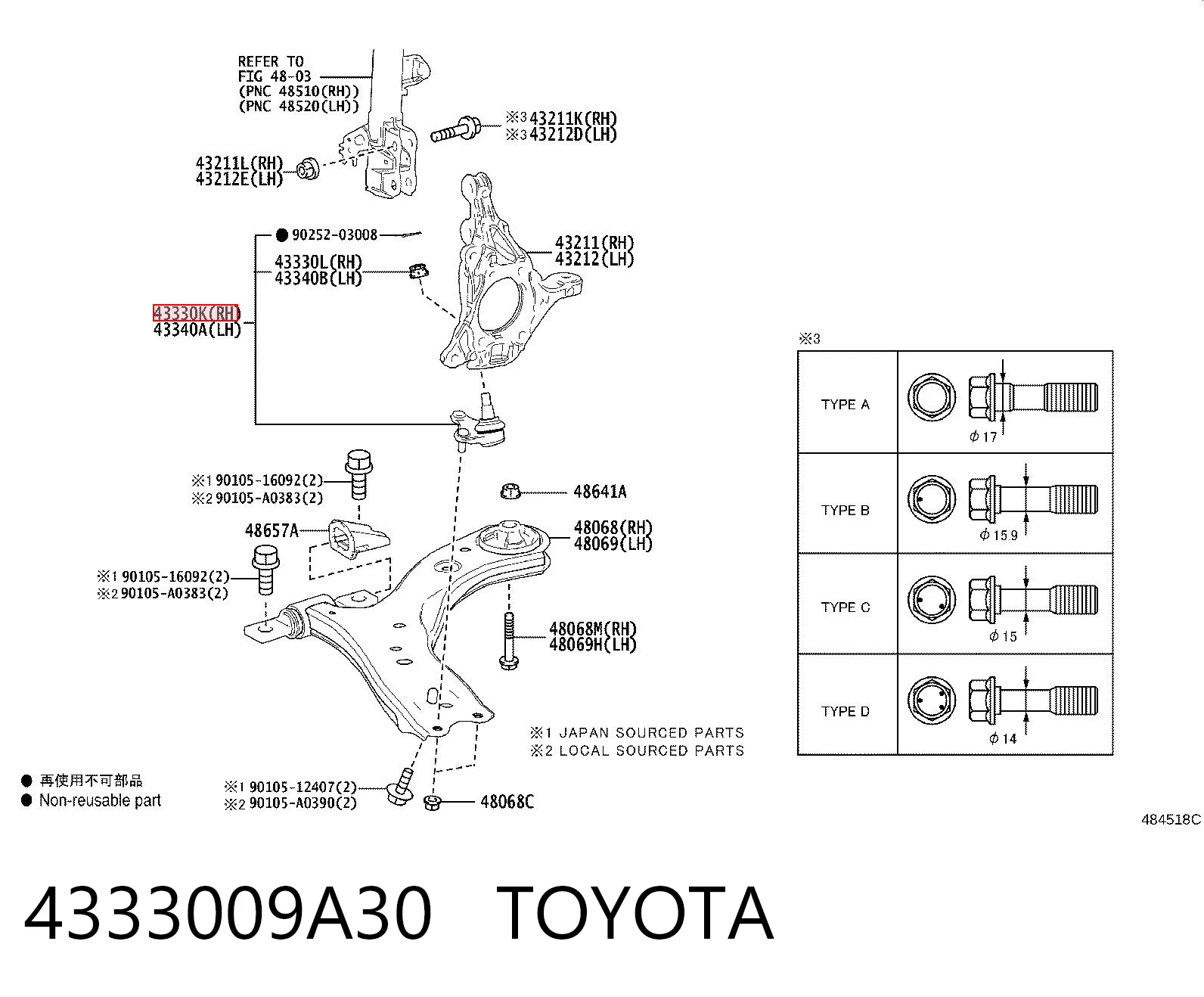 4333009A30 Toyota Sworzeń wahacza dolny