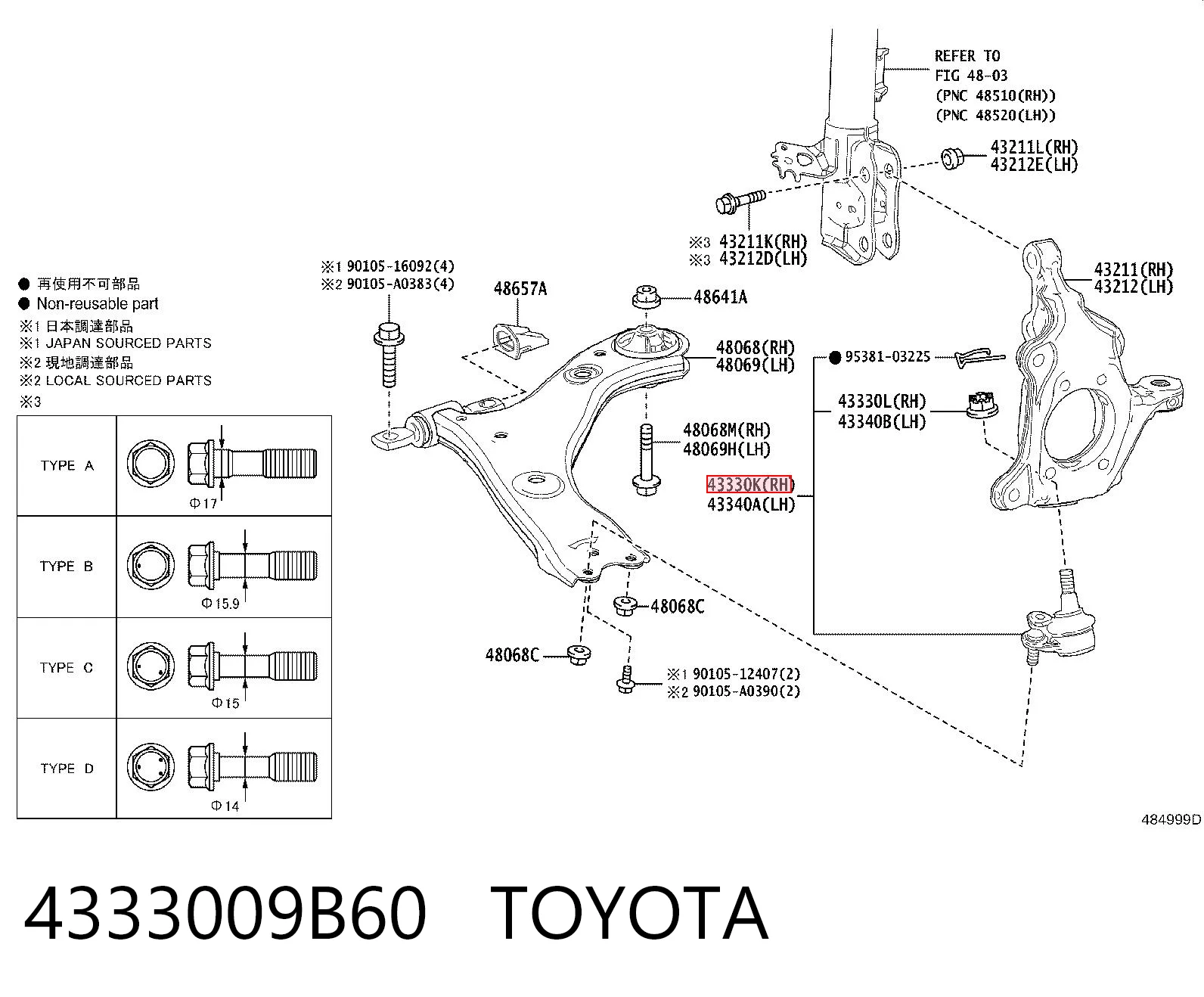 4333009B60 Toyota Sworzeń wahacza dolny lewy