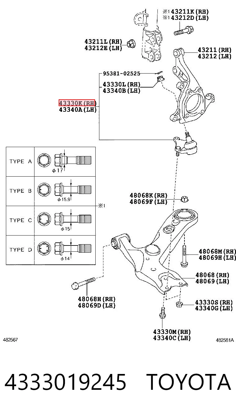 4333019245 Toyota Sworzeń wahacza dolny