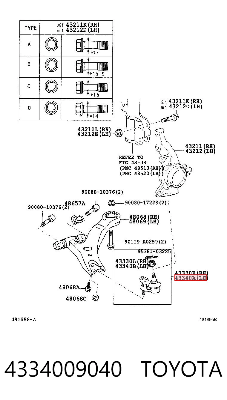 4334009040 Toyota Sworzeń wahacza dolny lewy