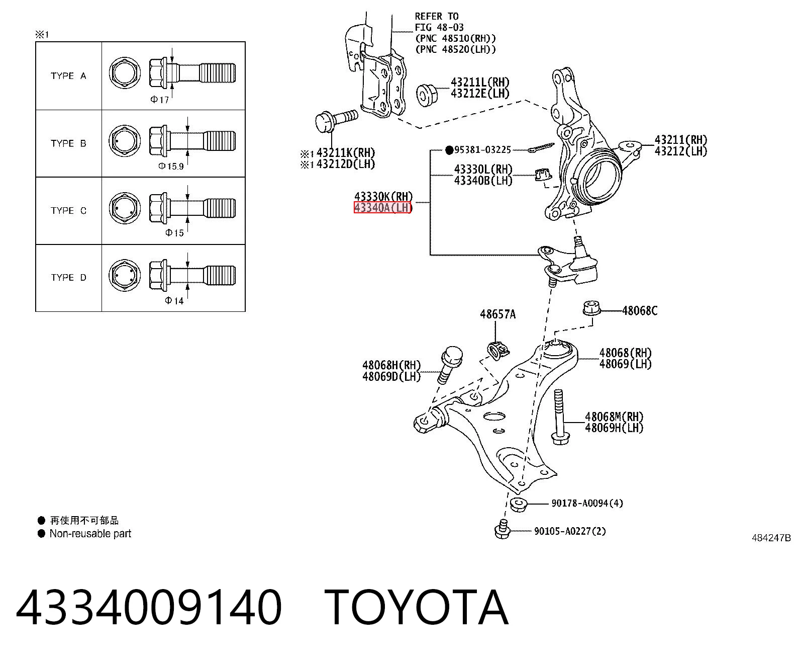 4334009140 Toyota Sworzeń wahacza dolny lewy