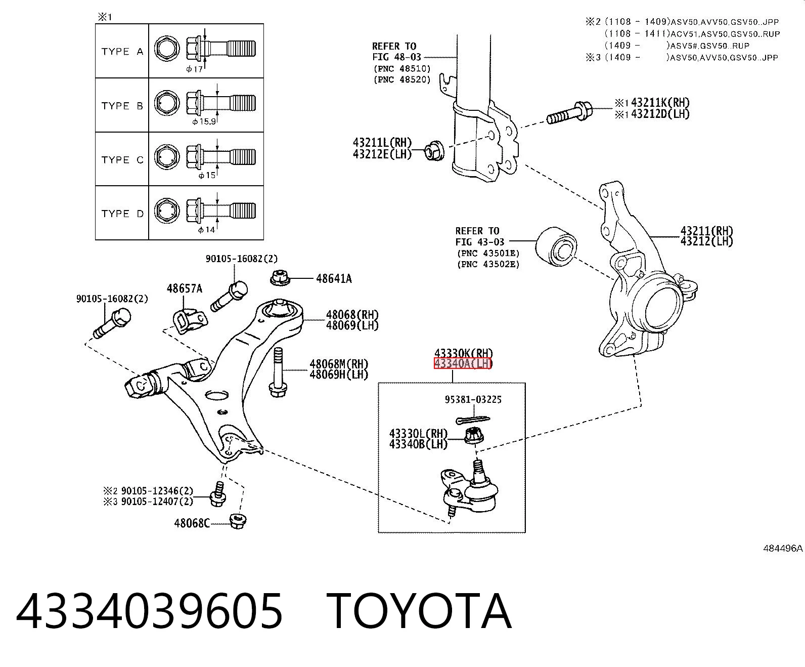 4334039605 Toyota Sworzeń wahacza dolny lewy