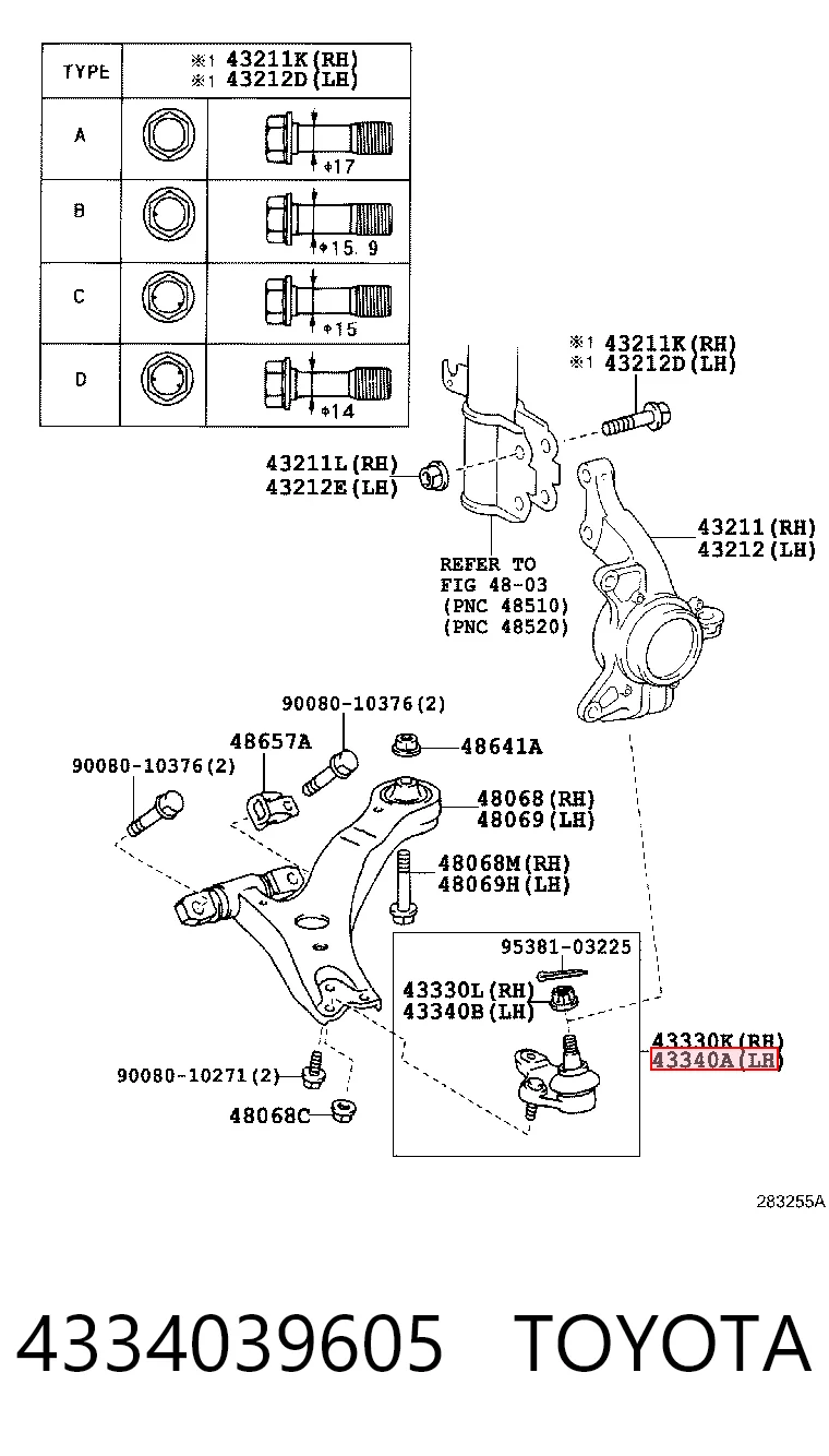 Sworzeń wahacza dolny lewy Toyota 4334039605 cena, od 24,13 USD