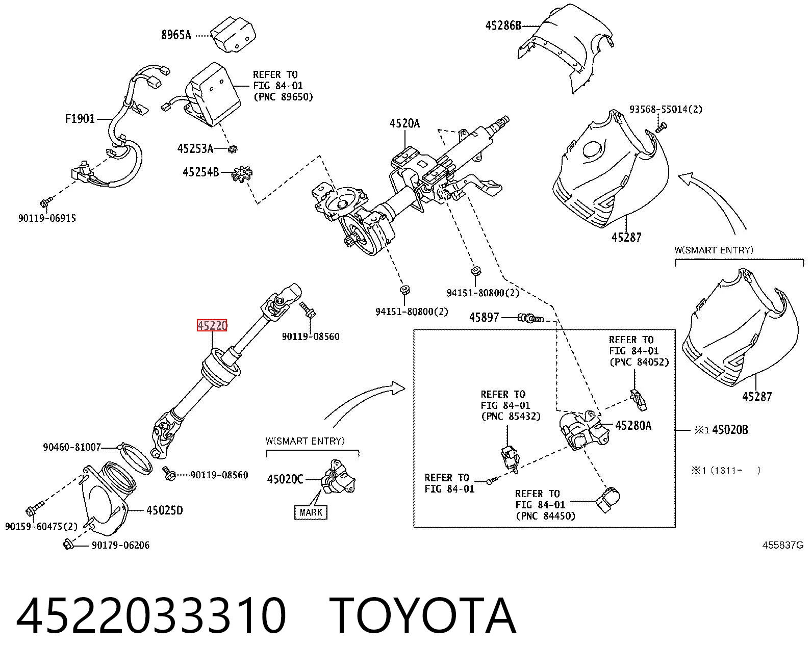 4522033310 Toyota Wał kolumny kierowniczej dolny