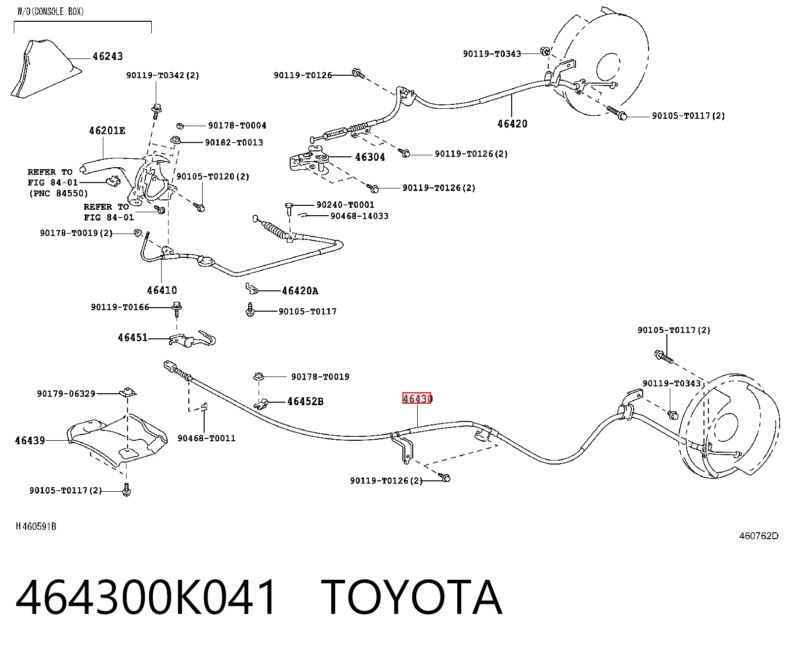 464300K041 Toyota Linka hamulca ręcznego tylna lewa