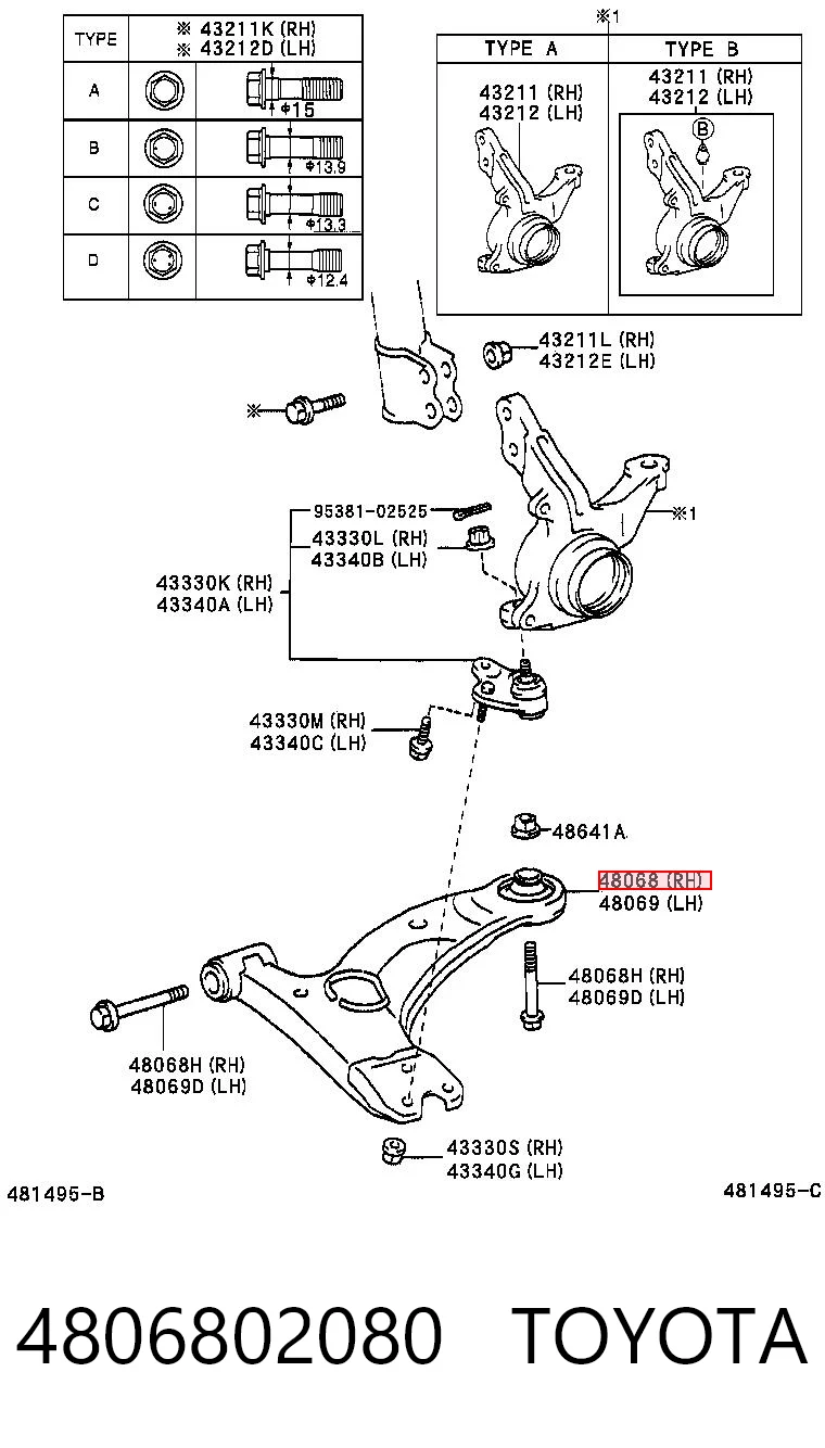 4806802080 Toyota Wahacz zawieszenia przedniego dolny prawy
