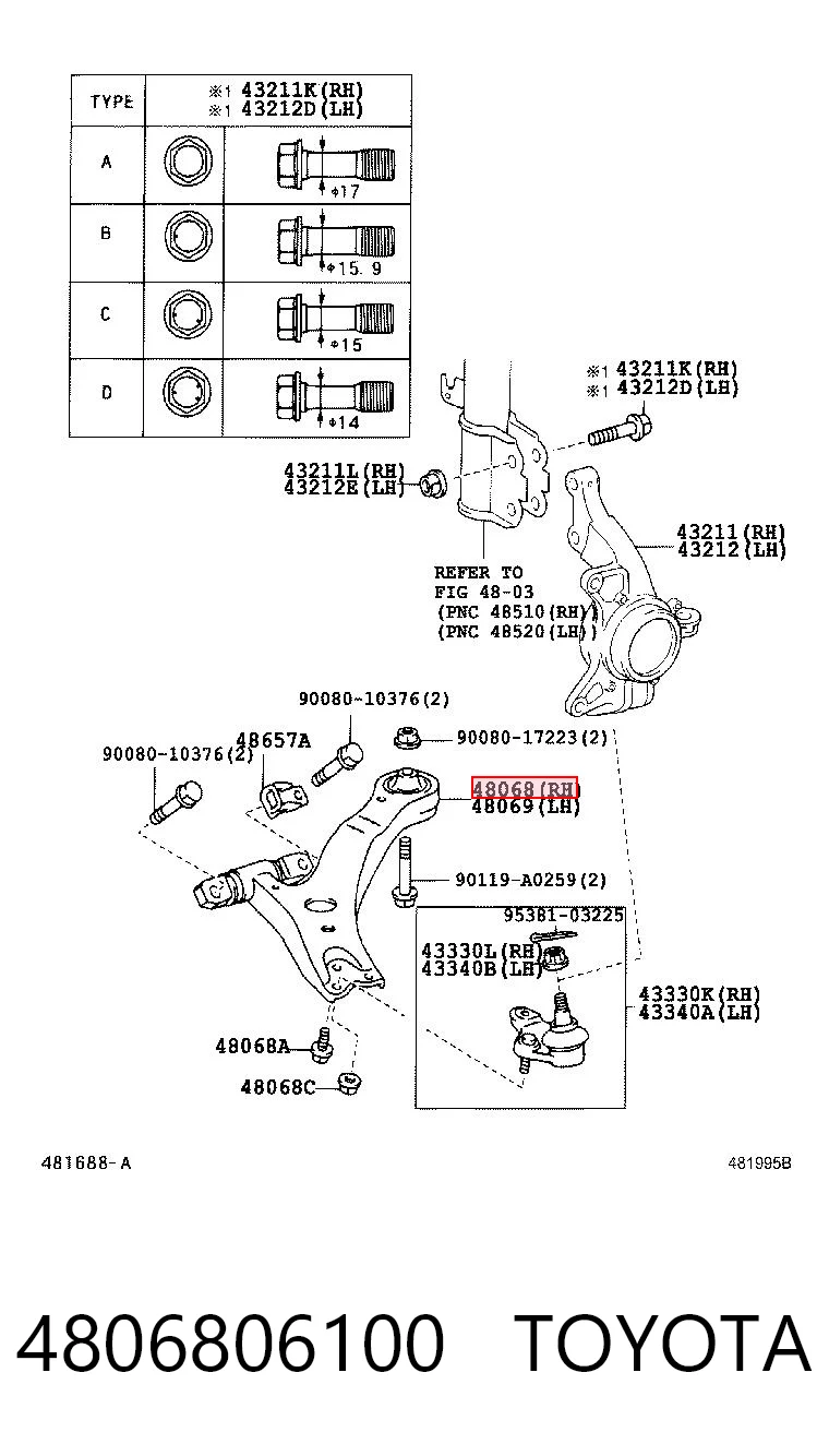 4806806100 Toyota Wahacz zawieszenia przedniego dolny prawy