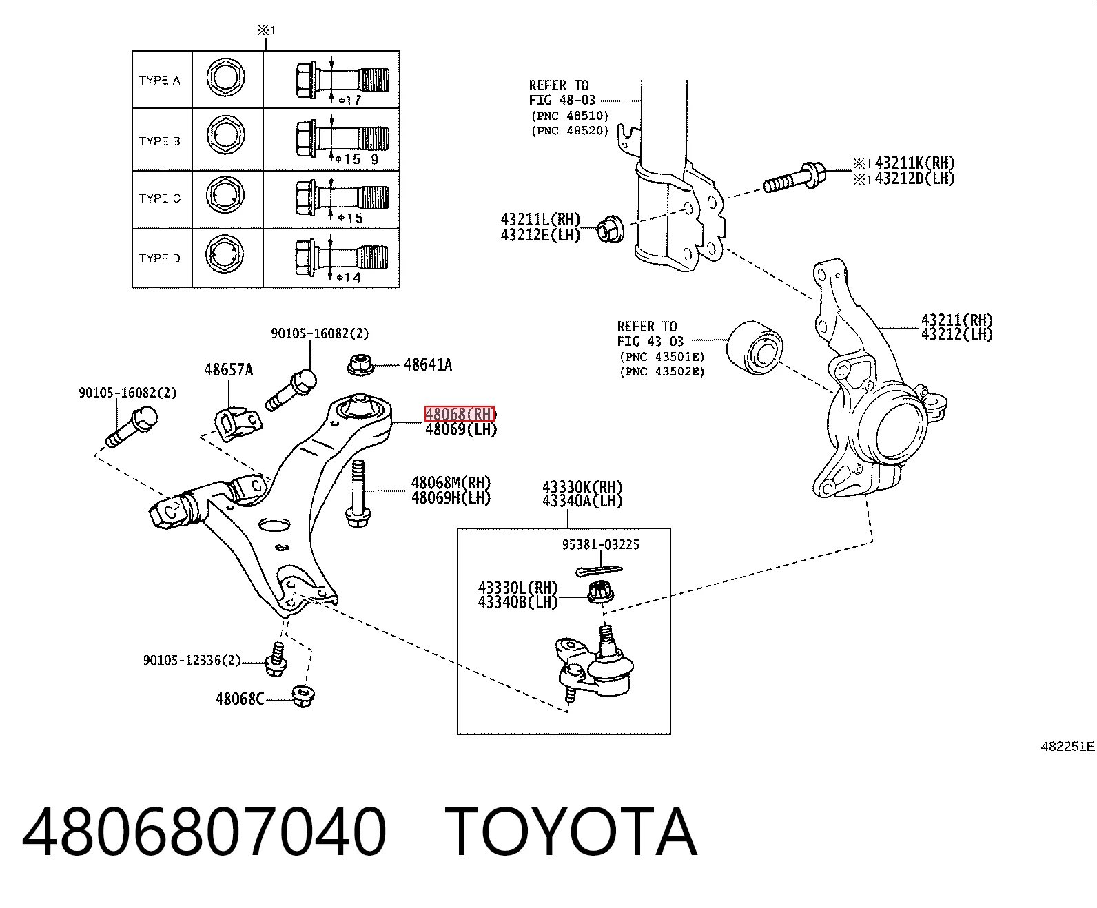 4806807040 Toyota Wahacz zawieszenia przedniego dolny prawy