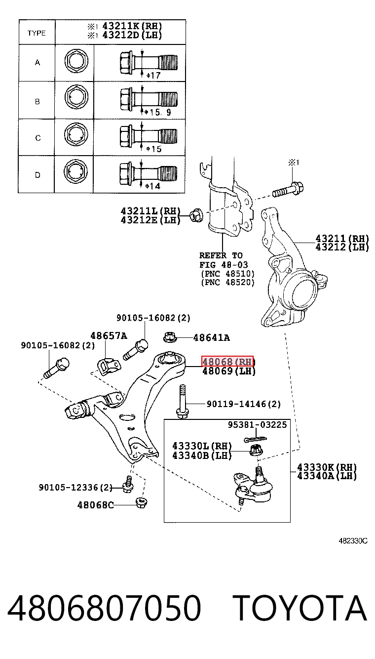 4806807050 Toyota Wahacz zawieszenia przedniego dolny prawy