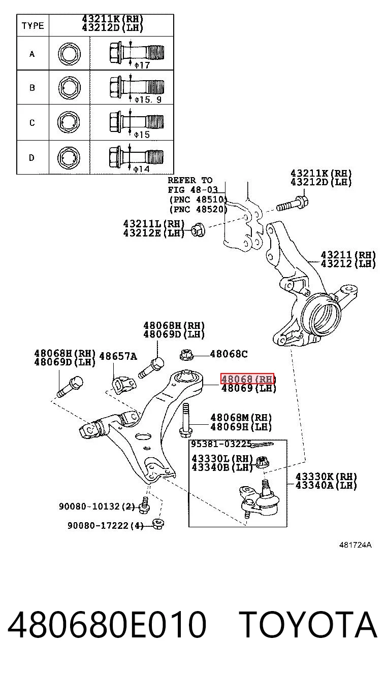 480680E010 Toyota Wahacz zawieszenia przedniego dolny prawy