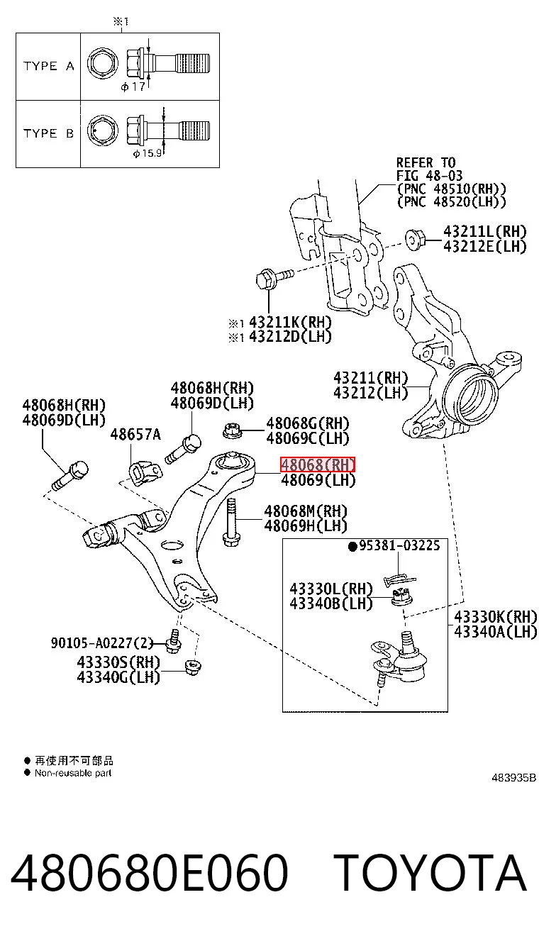 480680E060 Toyota Wahacz zawieszenia przedniego dolny prawy