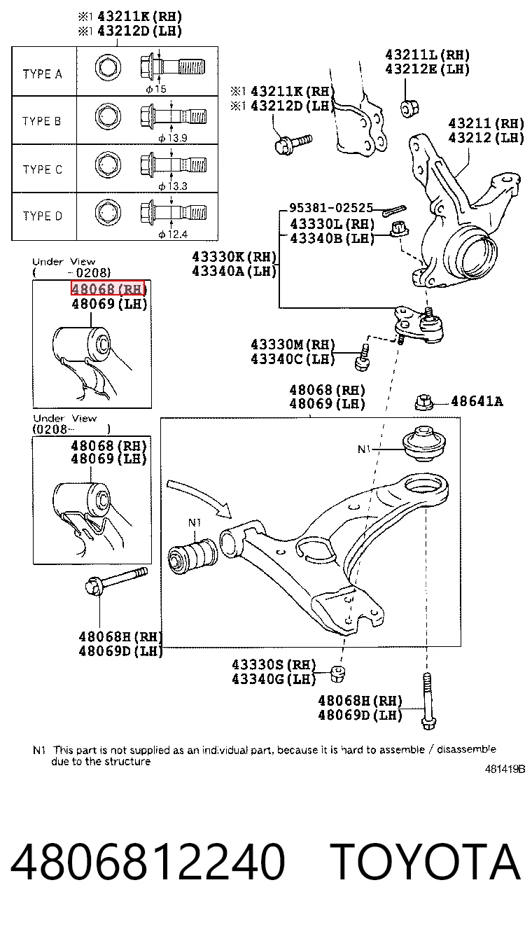 4806812240 Toyota Wahacz zawieszenia przedniego dolny prawy