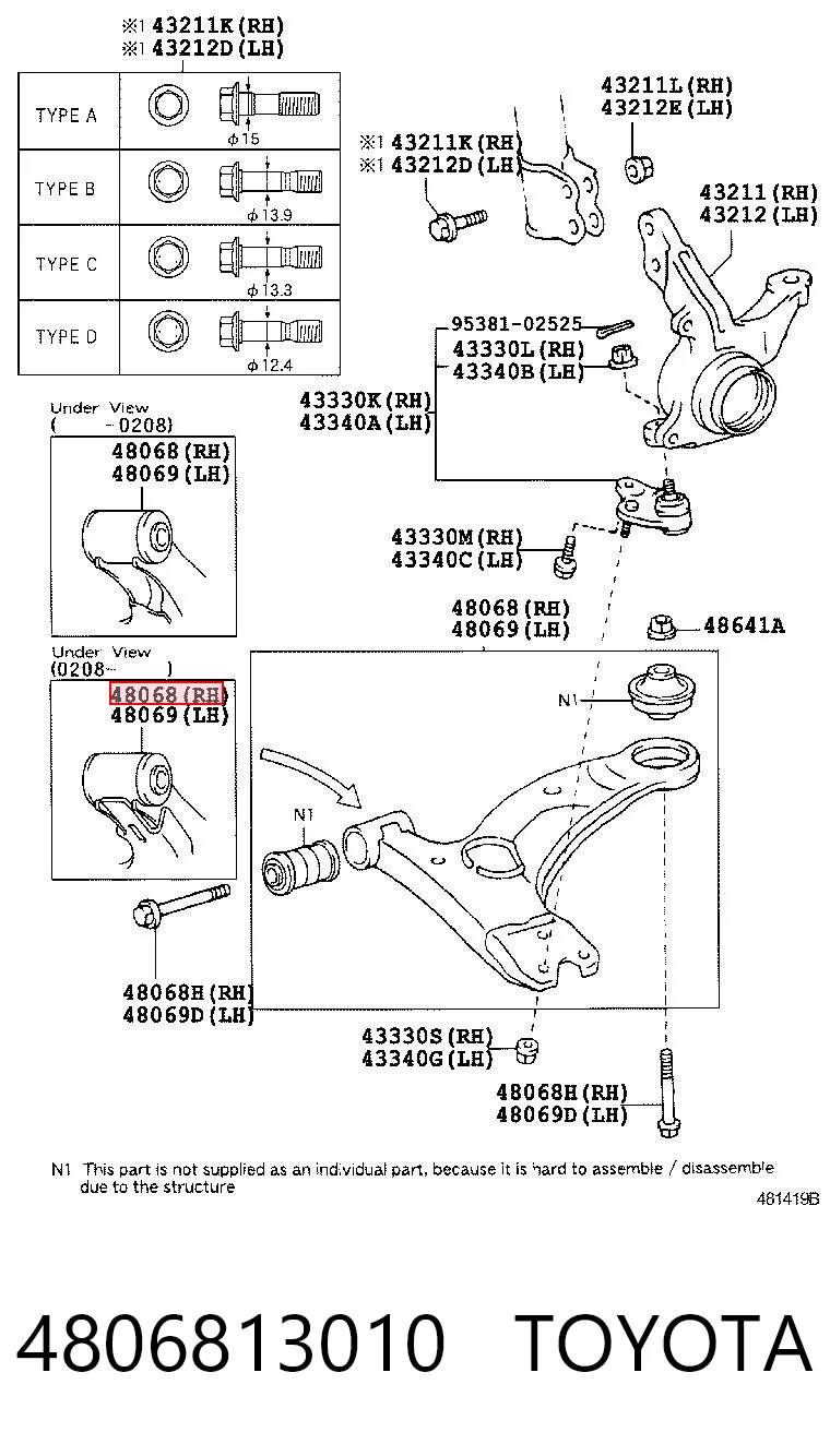 4806813010 Toyota Wahacz zawieszenia przedniego dolny prawy