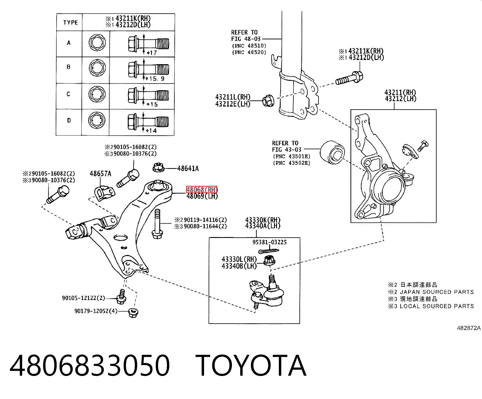 4806833050 Toyota Wahacz zawieszenia przedniego dolny prawy