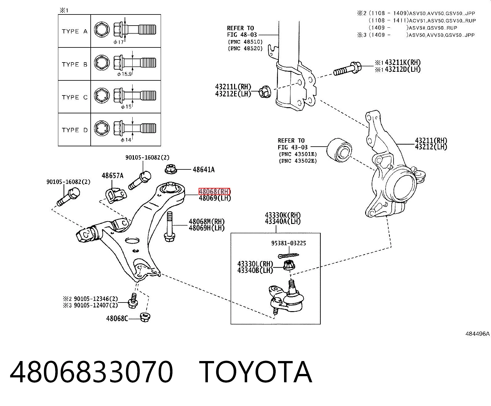 4806833070 Toyota Wahacz zawieszenia przedniego dolny prawy