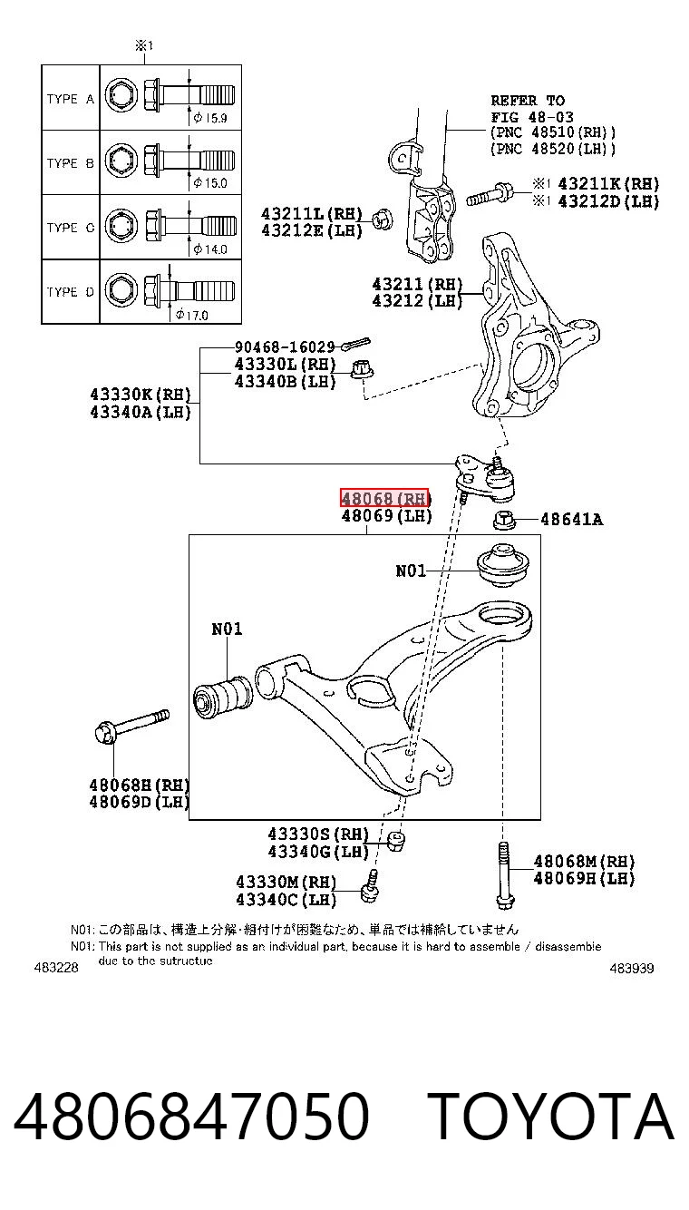4806847050 Toyota Wahacz zawieszenia przedniego dolny prawy