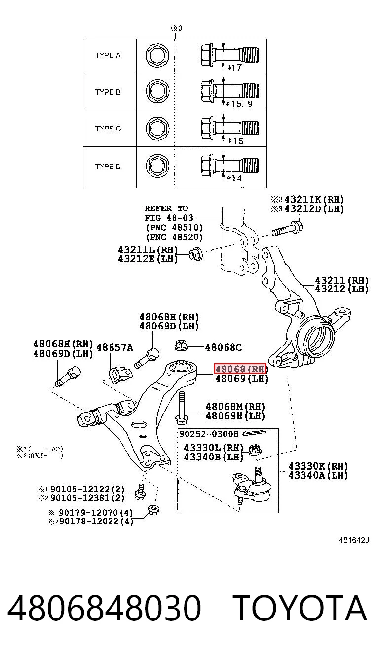 4806848030 Toyota Wahacz zawieszenia przedniego dolny prawy