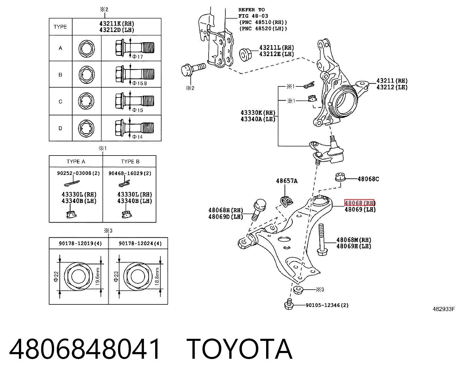 4806848041 Toyota Wahacz zawieszenia przedniego dolny prawy