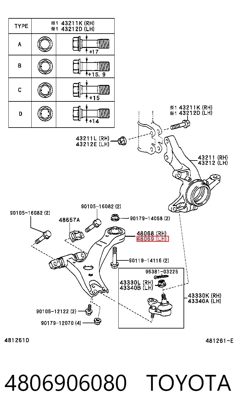 4806906080 Toyota Wahacz zawieszenia przedniego dolny lewy