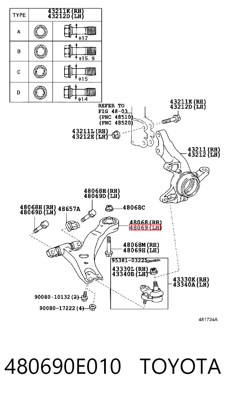 480690E010 Toyota Wahacz zawieszenia przedniego dolny lewy