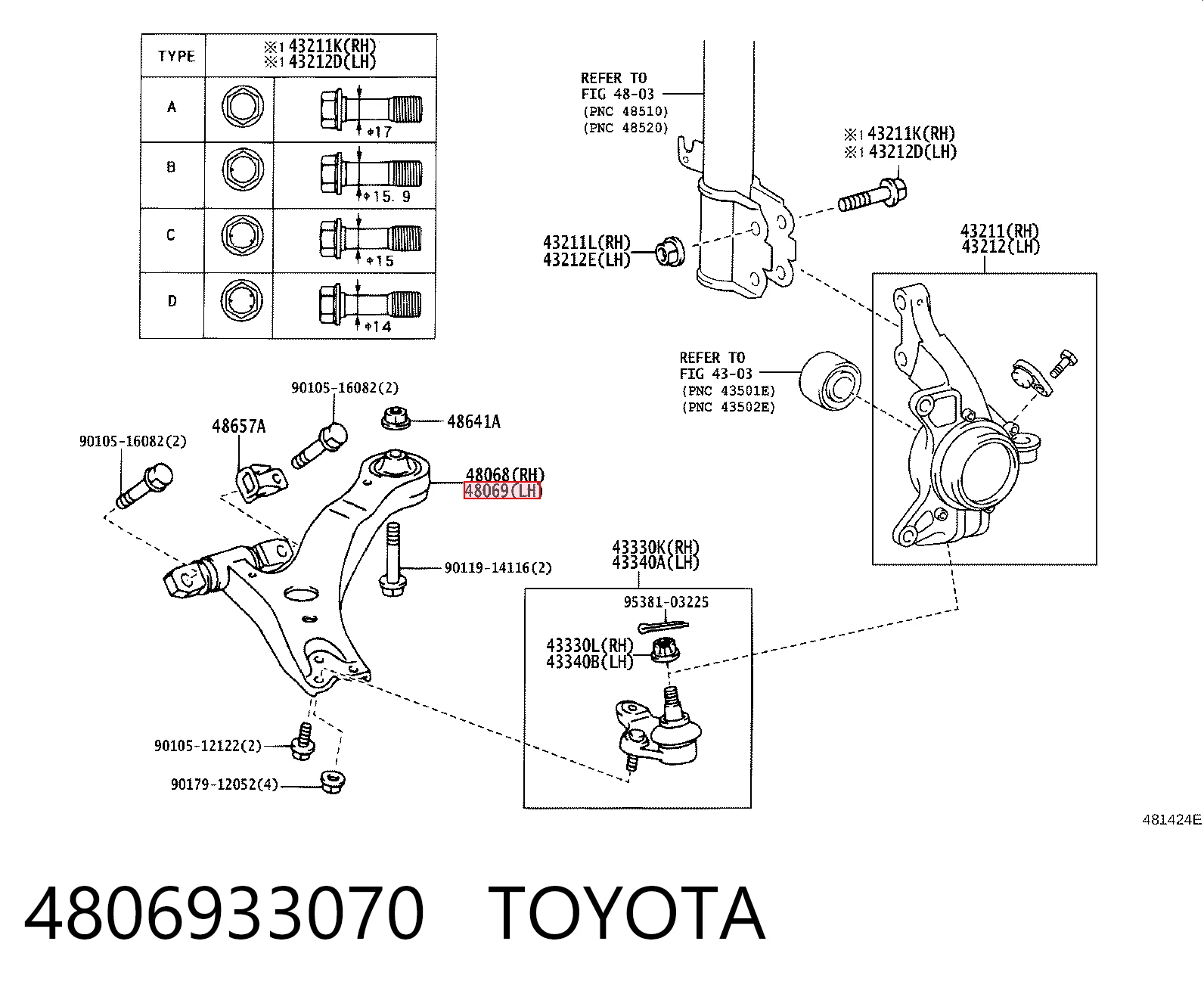 Wahacz zawieszenia przedniego dolny lewy Toyota 4806933070 cena, od 47,57 USD