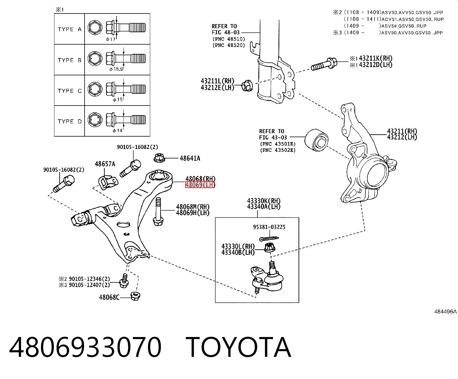 4806933070 Toyota Wahacz zawieszenia przedniego dolny lewy