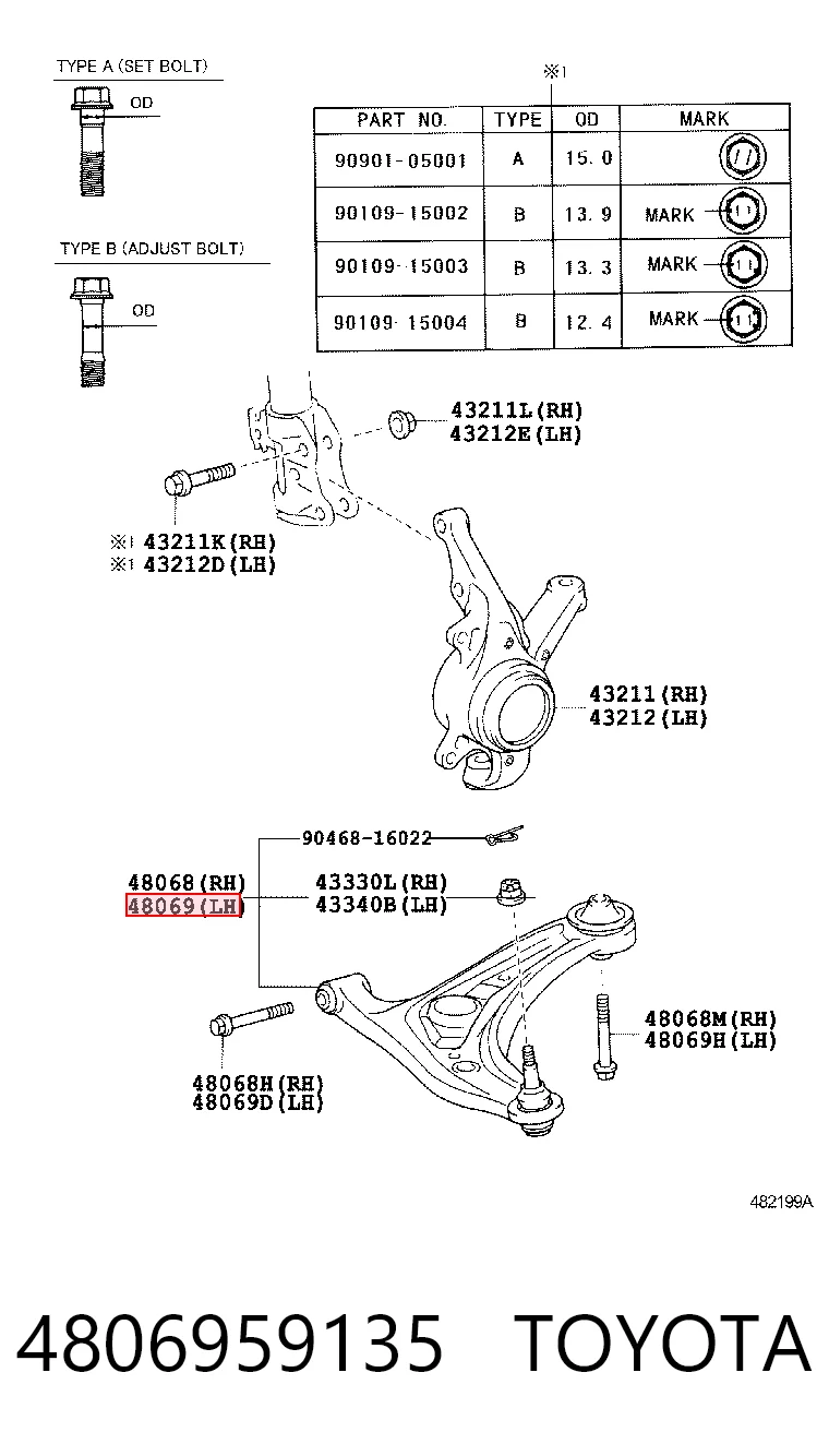 4806959135 Toyota Wahacz zawieszenia przedniego dolny lewy