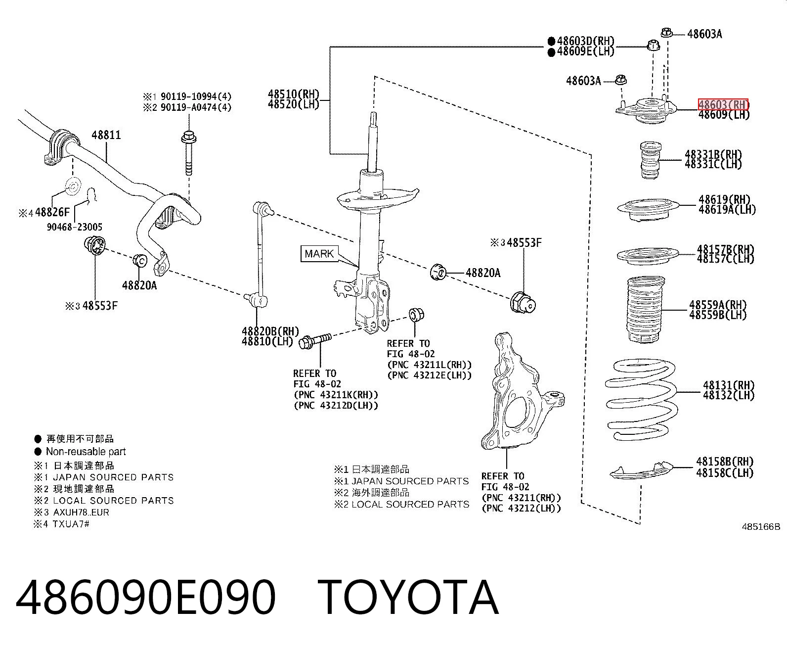 486090E090 Toyota Podpora amortyzatora przedniego prawego